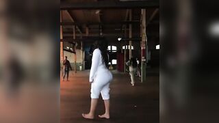 tahiry Jose bounces around in taut white pants and her titty pops out