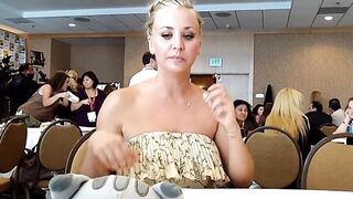Celebrities: Kaley Cuoco just realized that no one at that table could keep their eyes off her breasts.
